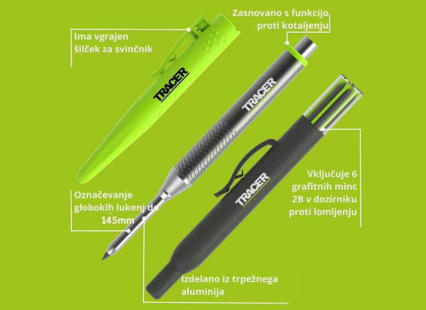 TRACER PRO kovinski globinski označevalni svinčnik in nadomestne mince v zaščitnem tulcu